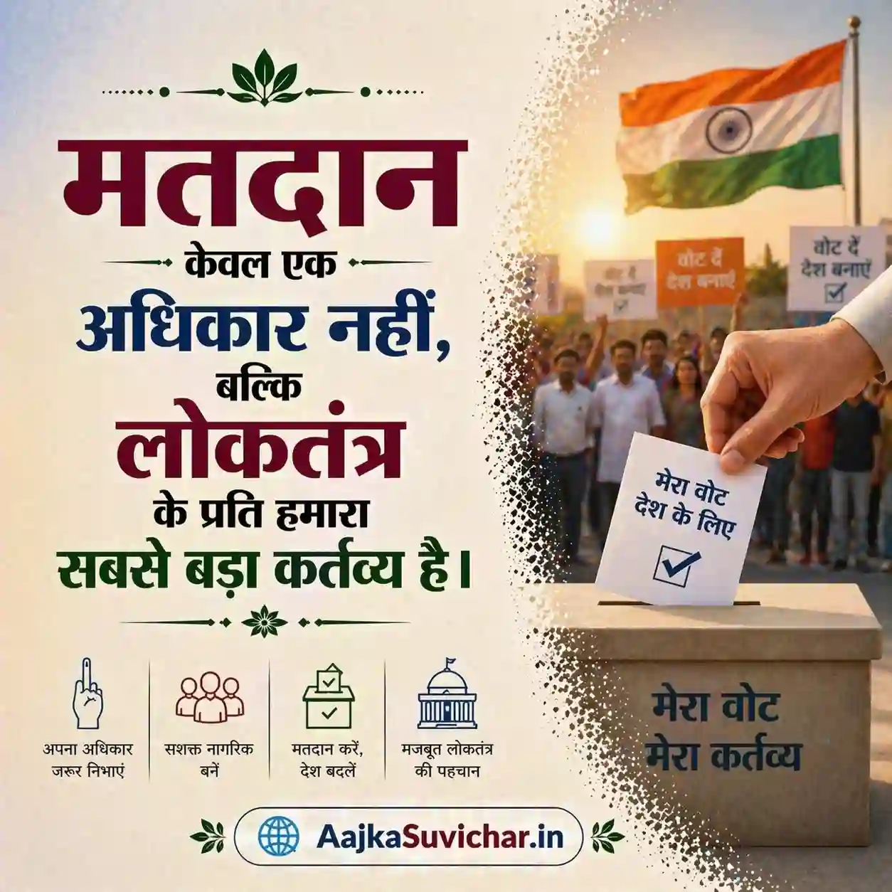 आज का सुविचार - 25 जनवरी 2026 : मतदान केवल एक अधिकार नहीं, बल्कि लोकतंत्र के प्रति हमारा सबसे बड़ा कर्तव्य है। Voting is not just a right, but our greatest duty towards democracy.